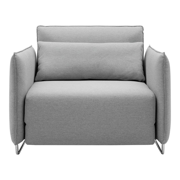 Gray upholstered loveseat with smooth fabric and minimalistic design, featuring subtle seams and modern metallic legs.