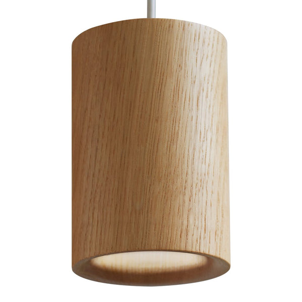 Natural wood pendant light with a smooth, cylindrical shape and light oak finish. Simple and modern design.