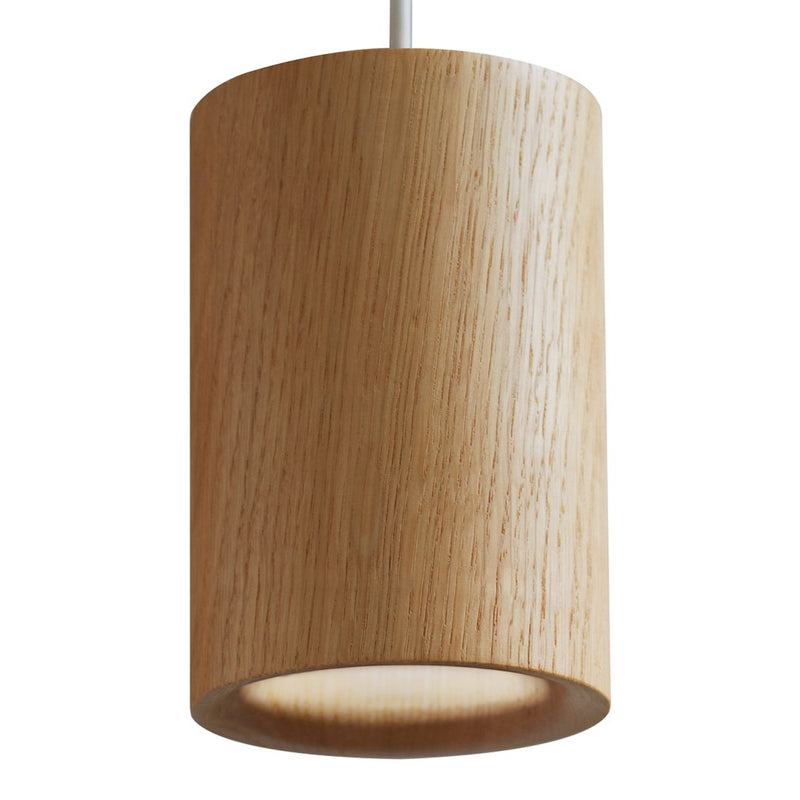 Natural wood pendant light with a smooth, cylindrical shape and light oak finish. Simple and modern design.