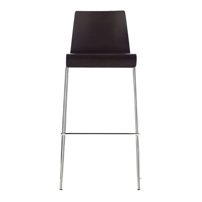 Sleek black bar stool with a simple design, featuring a smooth matte finish and chrome legs.