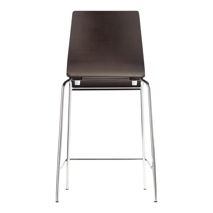 Modern black wooden stool with sleek chrome legs, featuring a minimalist design and smooth surfaces.
