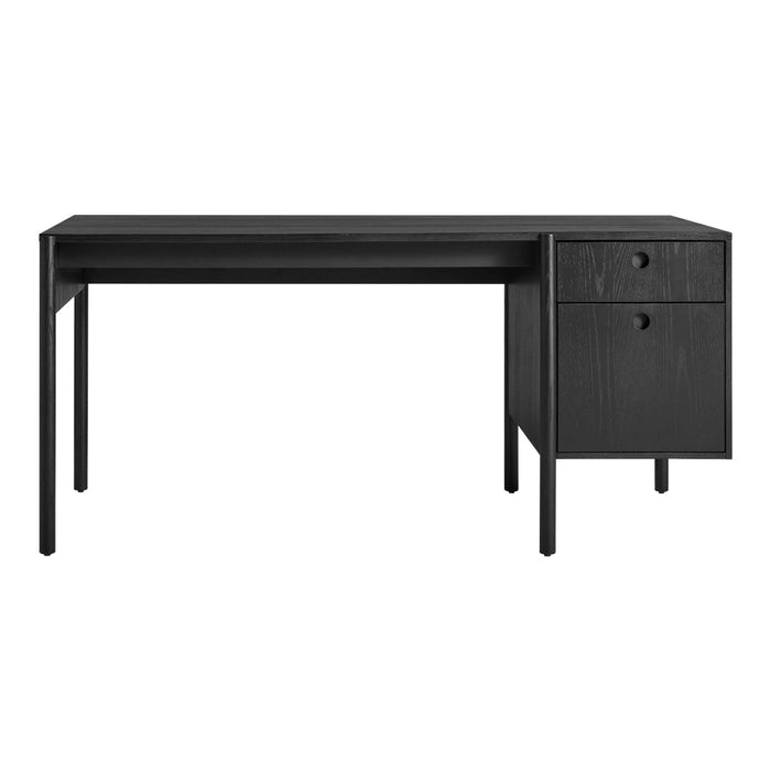 Sleek black desk with a minimalist design featuring a smooth surface and simple drawer patterns.