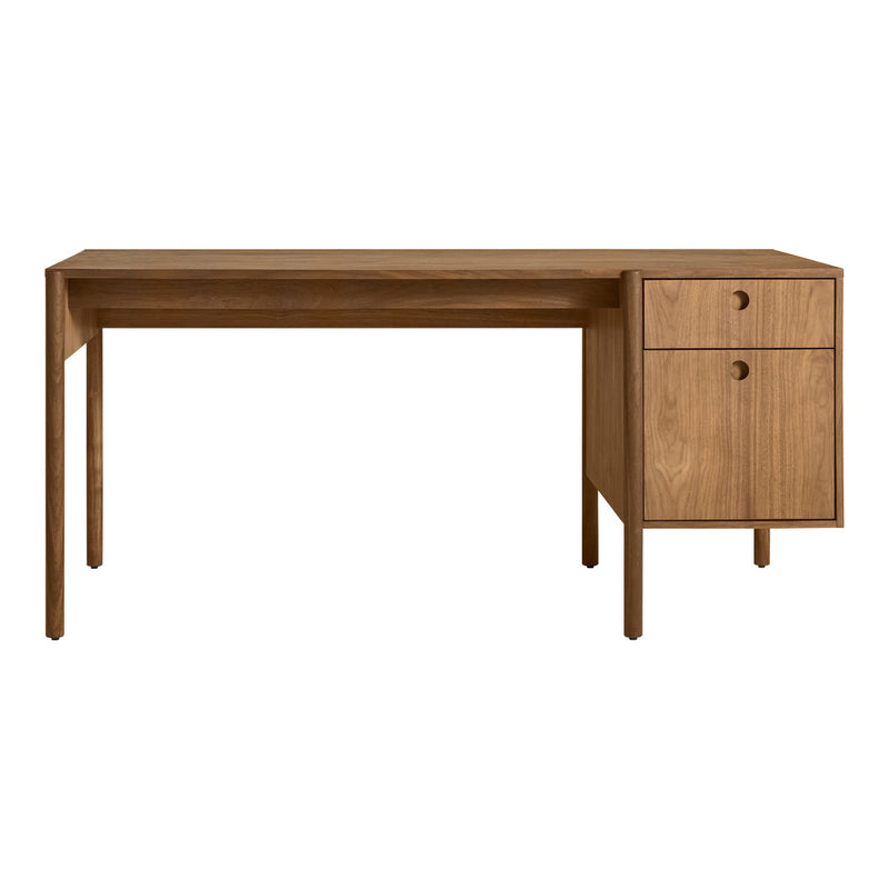 Natural wood desk featuring a light brown finish and minimalistic design with two drawers. Ideal for modern spaces.