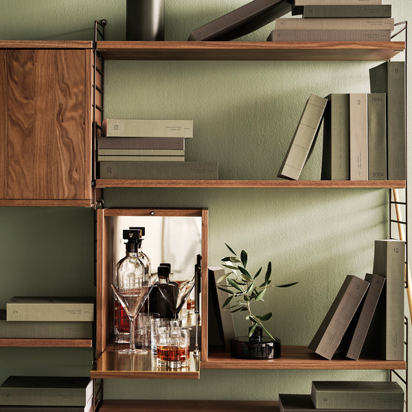 Wooden shelf with earthy tones, dark green and grey books, featuring a sleek barware display and lush greenery.