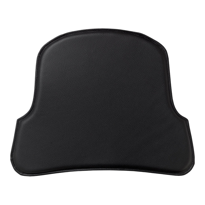 Black padded seat cushion with a sleek, smooth finish and contoured edges for optimal comfort. Ideal for any chair.