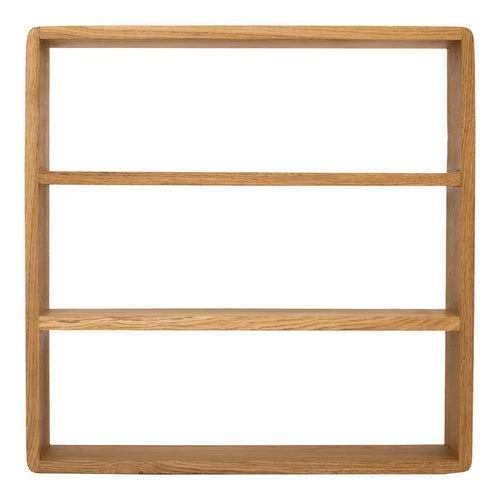 Natural oak wooden shelf with a smooth finish and clean lines, showcasing a minimalist design in light brown tones.