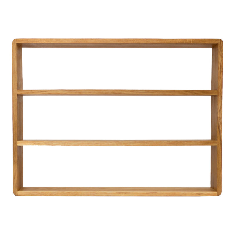 Natural oak wood shelf with smooth grain, featuring a simple design and warm, light brown tones.