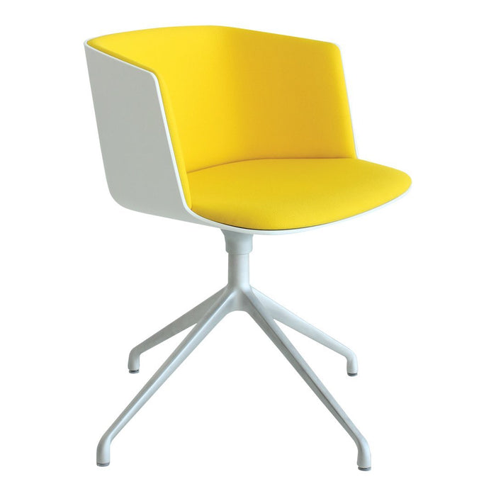 Modern chair with a vibrant yellow seat and sleek white frame, featuring a minimalist design and smooth lines.
