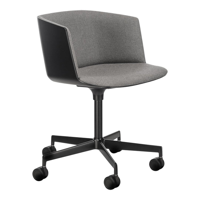 Gray upholstered chair with a sleek black base and modern, minimalist design. Perfect for stylish office spaces.