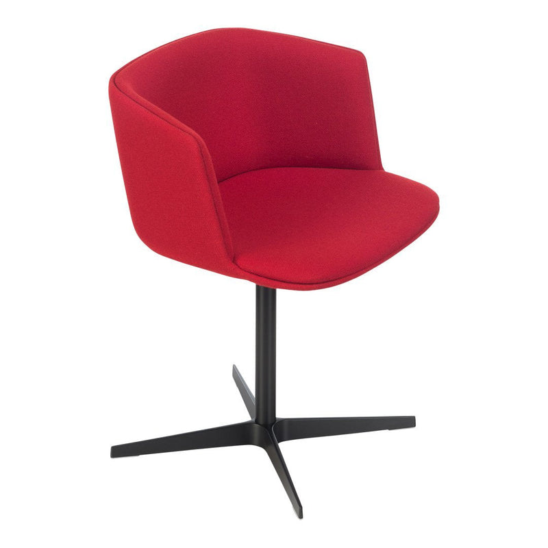 Red upholstered chair with a sleek, minimalist design and a black metal base. Perfect for modern interiors.