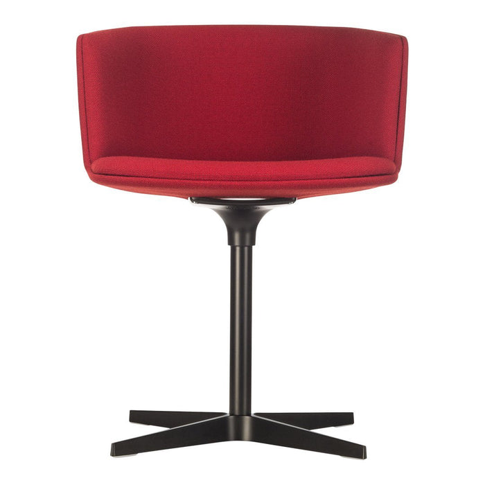 Red upholstered chair with a textured pattern, featuring a sleek black metal base and a modern design.