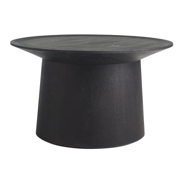 Black round coffee table with a sleek, minimal design and textured surface, highlighting modern elegance.