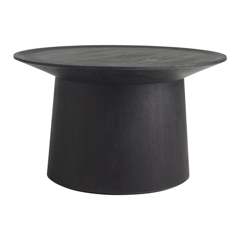 Black round coffee table with a sleek, minimal design and textured surface, highlighting modern elegance.