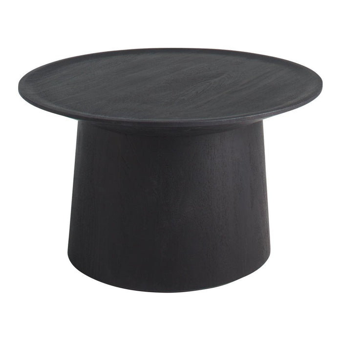 Black round coffee table with a smooth finish and minimalist design, featuring a cylindrical base.