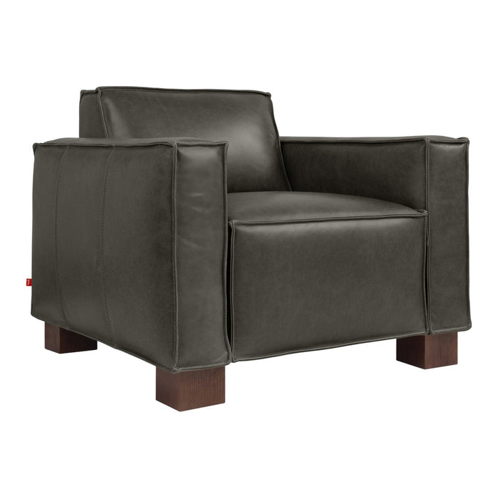 Stylish gray leather armchair with smooth texture and dark wood legs, perfect for modern decor.
