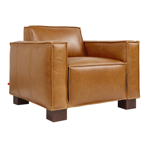 Brown leather armchair with clean lines and a minimalist design, featuring a smooth finish and rich texture.