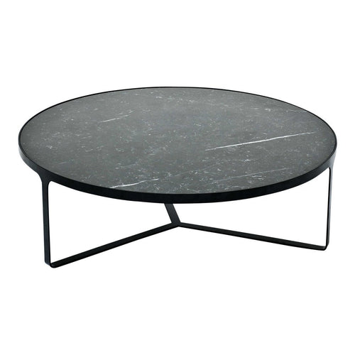 Round coffee table with a sleek black marble top and minimalist black metal legs, showcasing elegant gray veining patterns.