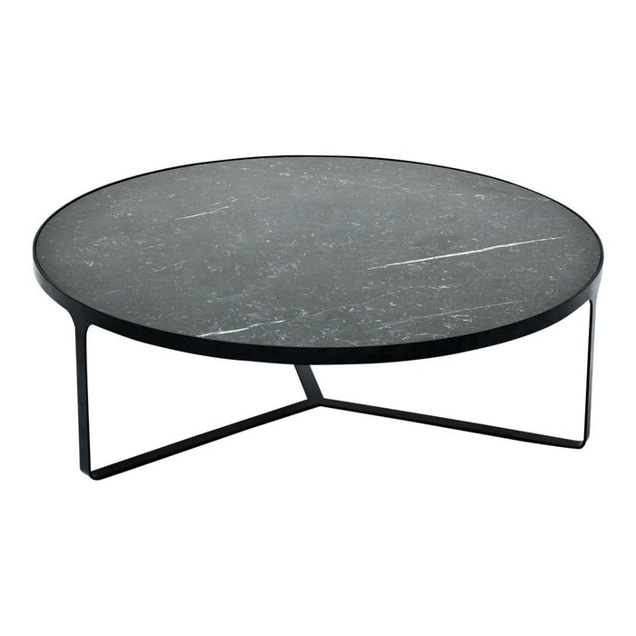 Round coffee table with a sleek black marble top and minimalist black metal legs, showcasing elegant gray veining patterns.