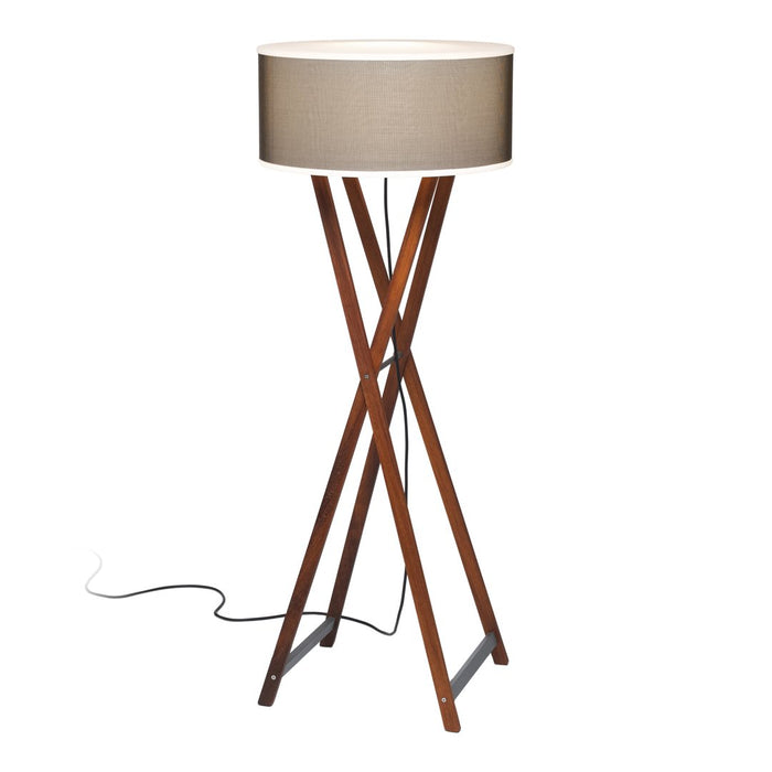 Brown wooden tripod lamp with a beige fabric shade, featuring a minimalist design and clean lines.