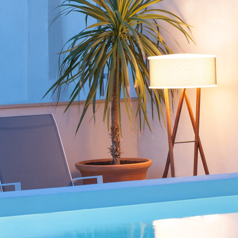 "Stylish outdoor scene featuring a blue pool, gray lounge chair, green palm, and warm beige lamp with a wooden base."