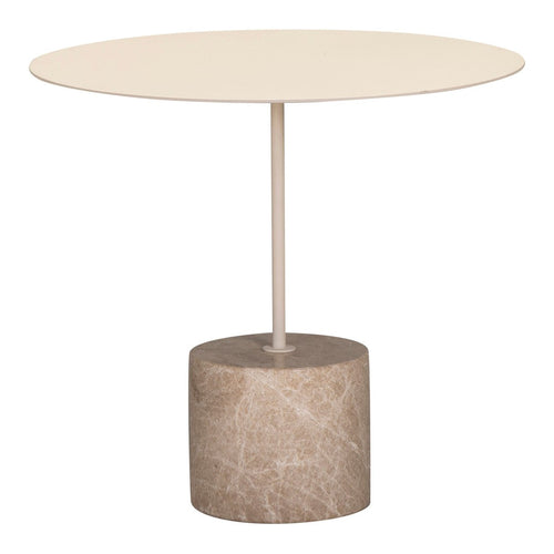 Round cream table with a textured beige stone base, creating a contemporary minimalist design.
