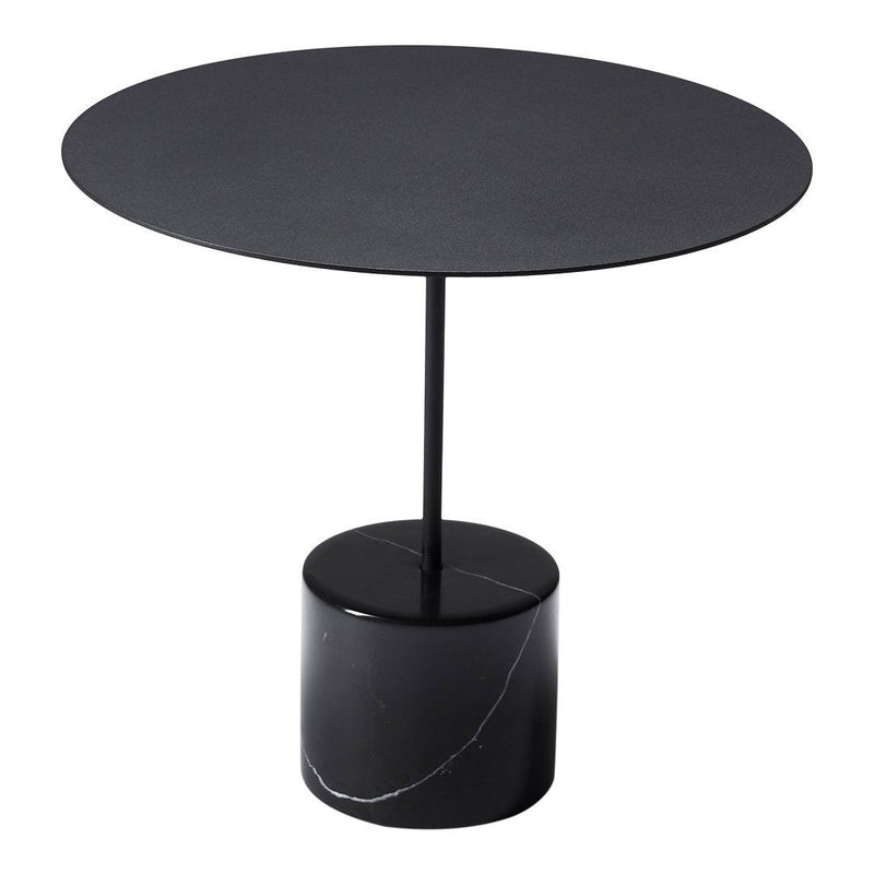 Round black table with a sleek finish and a contrasting marble-patterned base. Modern and stylish design for any decor.