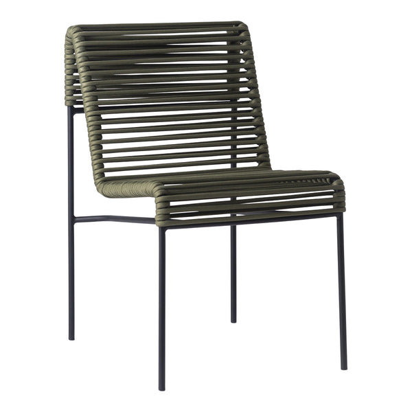Olive green striped chair with a sleek black metal frame, featuring contemporary slatted design. Perfect for modern decor.