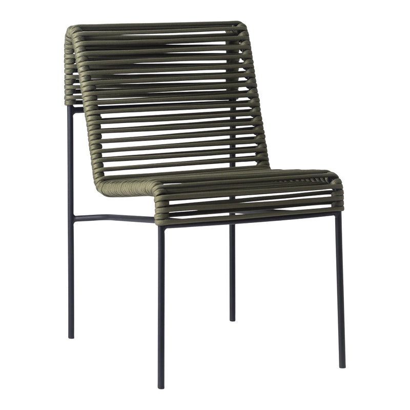 Olive green striped chair with a sleek black metal frame, featuring contemporary slatted design. Perfect for modern decor.