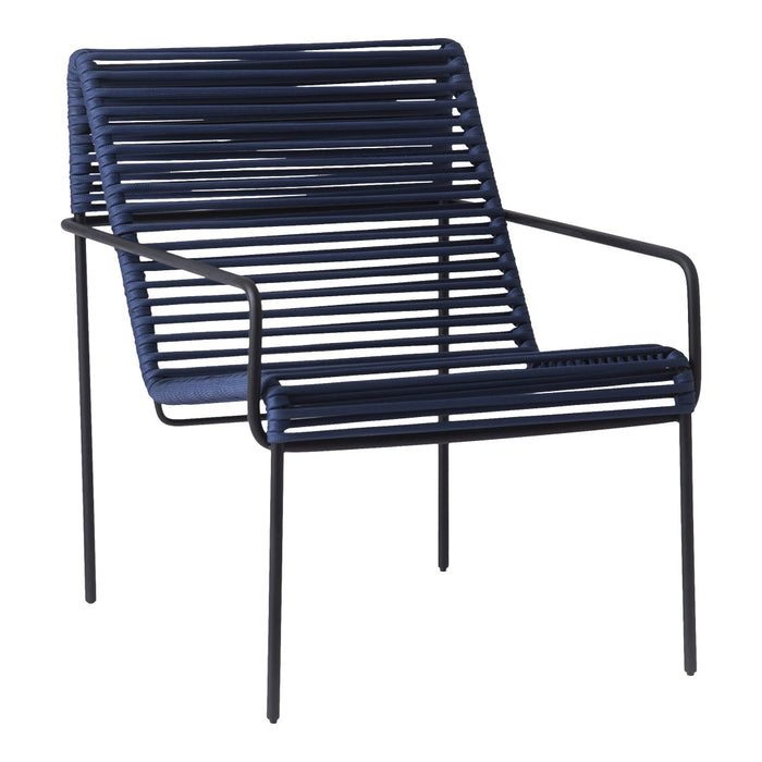 Navy blue striped chair with sleek black metal frame, perfect for modern outdoor decor.