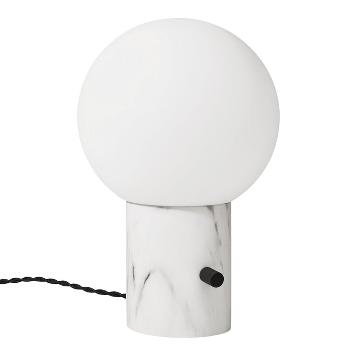 White globe lamp with a marble base, featuring a smooth texture and minimalist design. Perfect for modern decor.