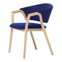 Elegant navy blue upholstered chair with a sleek wooden frame, perfect for modern decor.