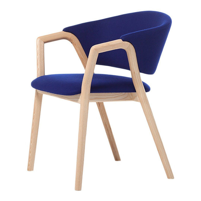 Elegant navy blue upholstered chair with a sleek wooden frame, perfect for modern decor.