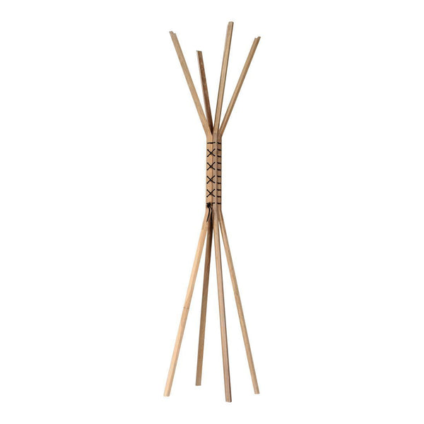 Natural bamboo coat rack with a minimalistic design, featuring a light wood finish and woven pattern in the center.