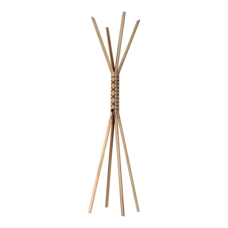 Natural bamboo coat rack with a minimalistic design, featuring a light wood finish and woven pattern in the center.