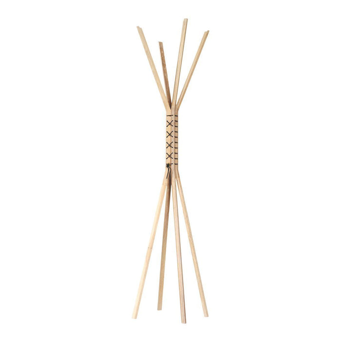 Natural bamboo coat rack with a textured woven center and minimalist design, showcasing warm beige tones and smooth lines.