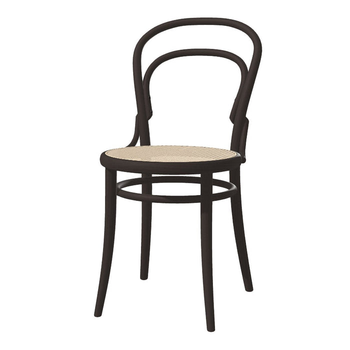 Brown bentwood chair with a natural woven seat, showcases a classic silhouette and minimalist design.