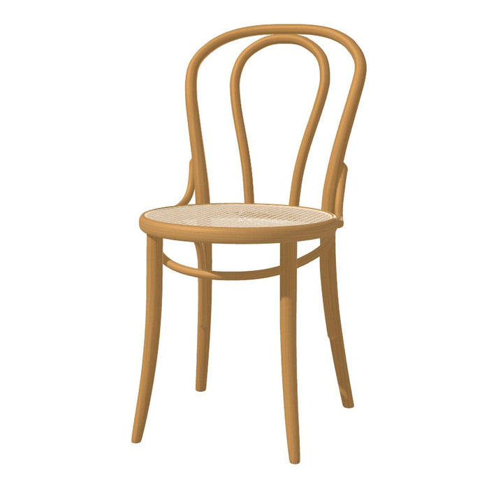 Natural wood bentwood chair with a smooth finish and woven seat, featuring a minimalist design.