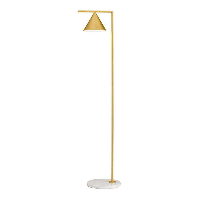 Gold metal finish with a sleek cone-shaped shade and a minimalist white marble base. Elegant and modern design.