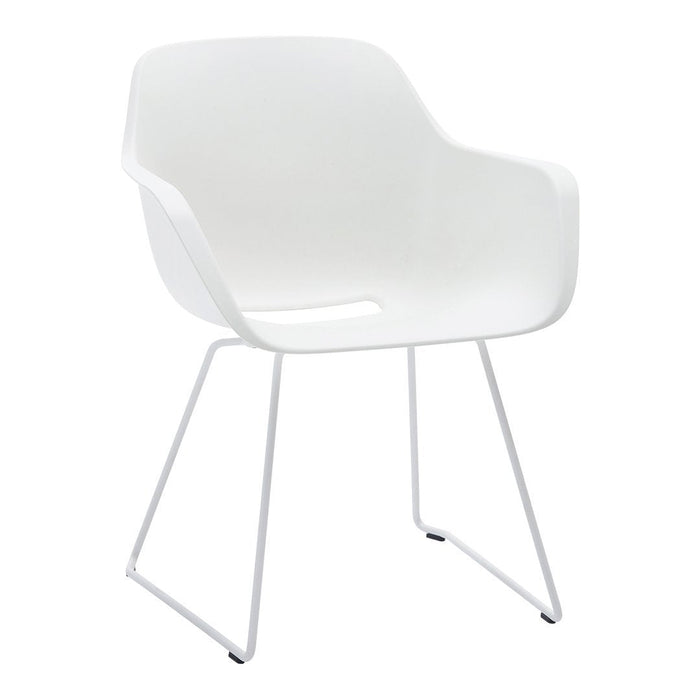 White modern armchair with sleek, minimalist design and white metal legs. Perfect for contemporary decor.