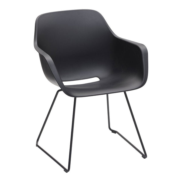 Black modern chair with smooth, curved design and minimalistic metal legs. Ideal for contemporary decor.