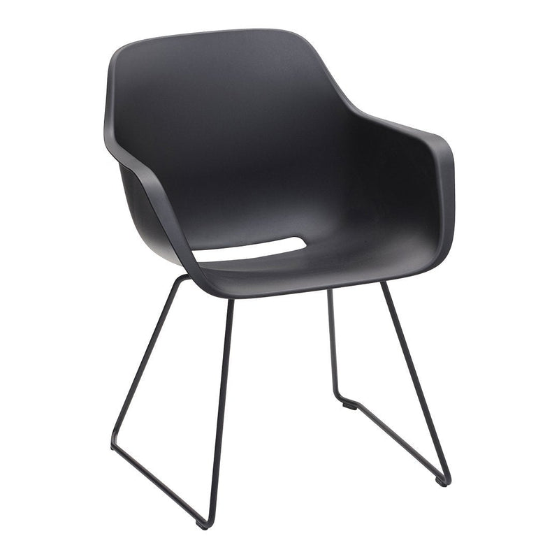 Black modern chair with smooth, curved design and minimalistic metal legs. Ideal for contemporary decor.