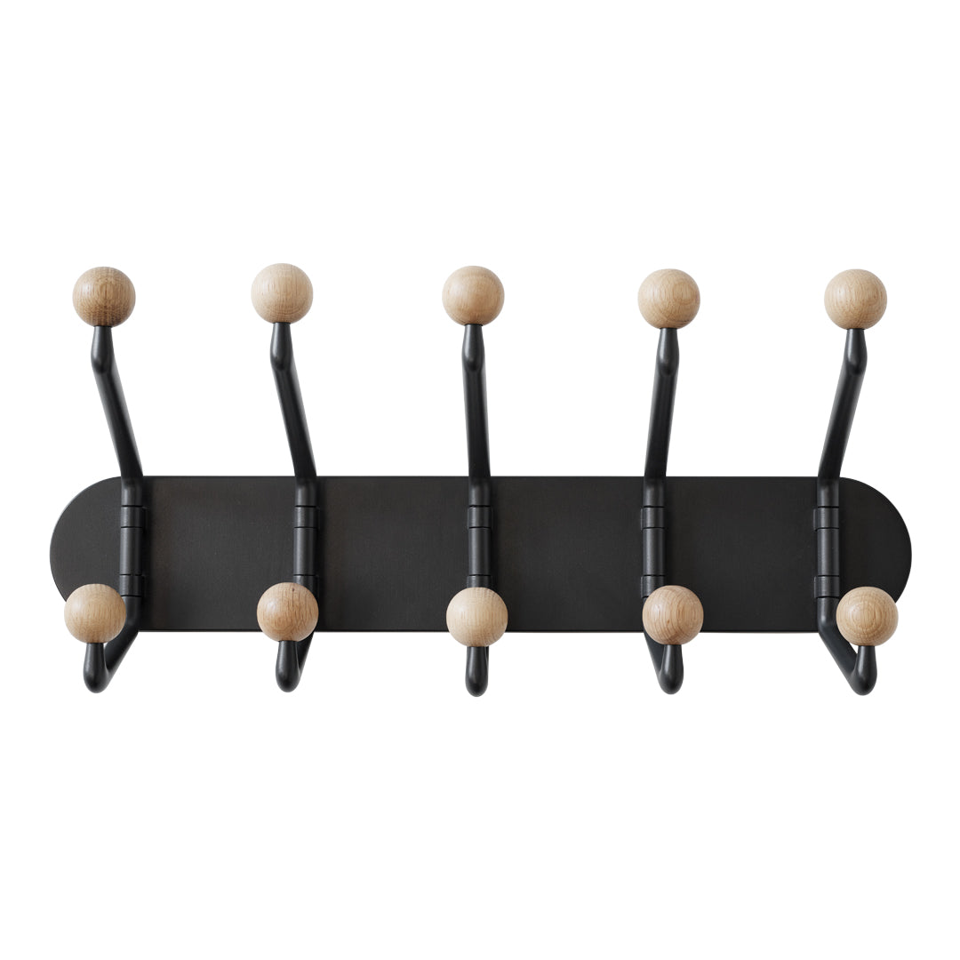 Black wall-mounted coat rack with six wooden ball hooks, featuring a modern and minimalist design. Perfect for any decor.