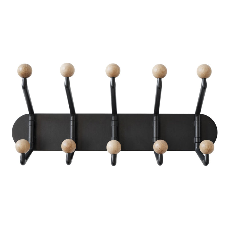 Black wall-mounted coat rack with six wooden ball hooks, featuring a modern and minimalist design. Perfect for any decor.