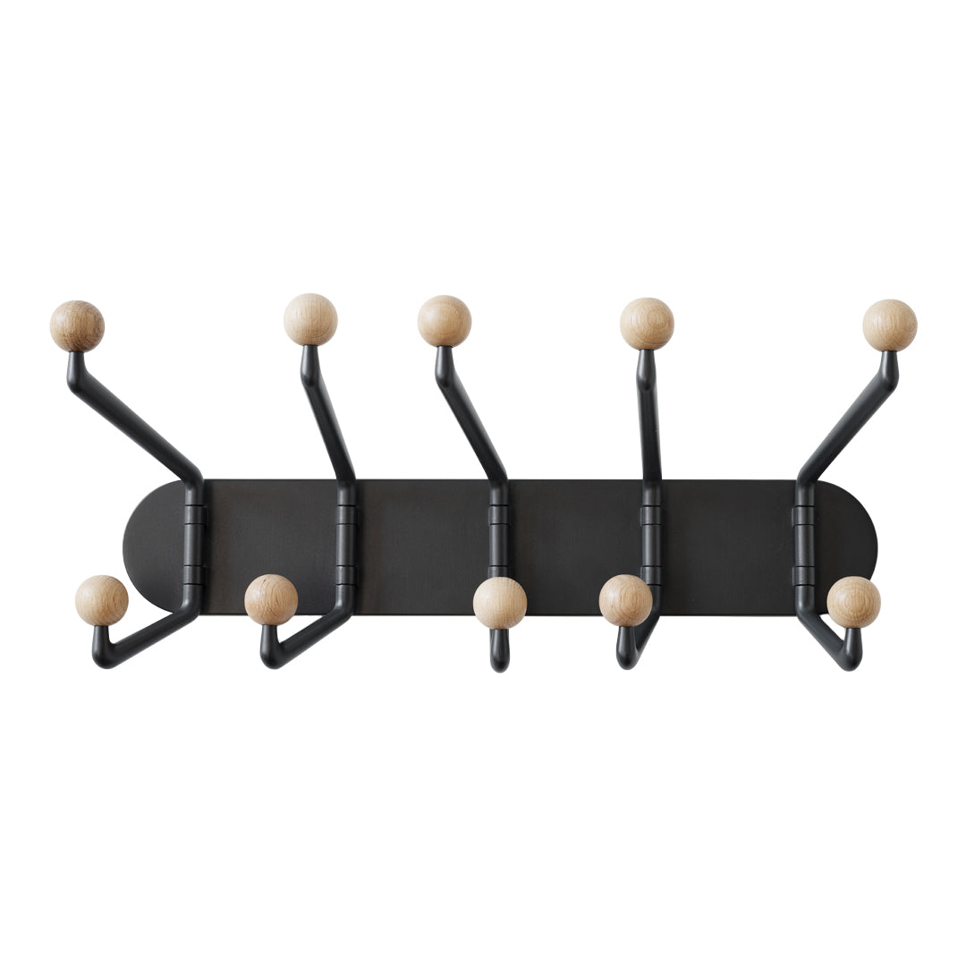 Black wall-mounted coat rack with natural wood knobs and sleek modern design. Perfect for stylish organization.