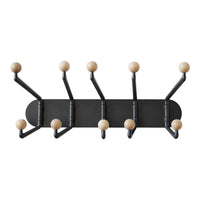 Black wall-mounted coat rack with natural wood knobs and sleek modern design. Perfect for stylish organization.