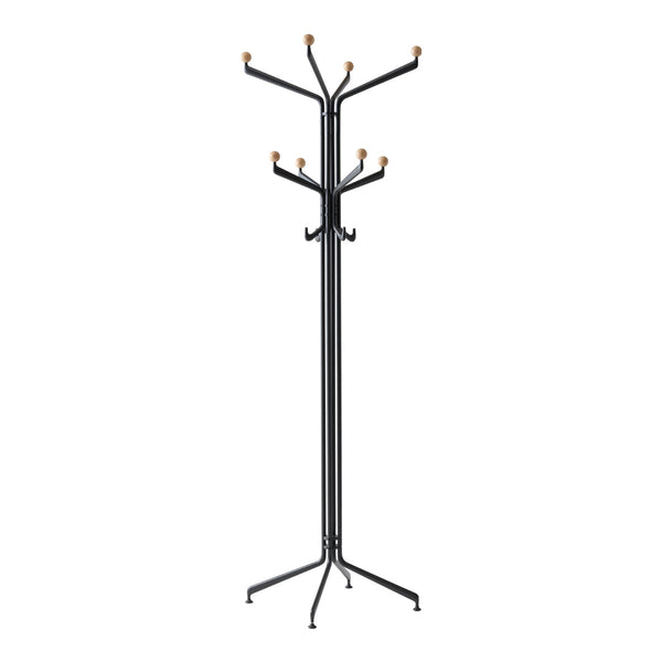 Black metal coat rack with eight wooden hooks in a minimalist design. Modern, sleek look complements any decor.