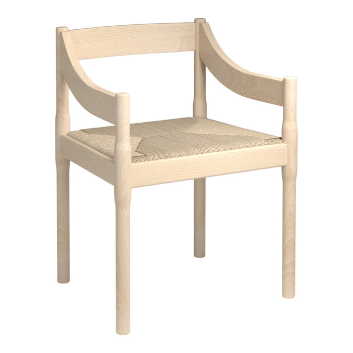 Light wooden chair with a natural finish and woven beige seat pattern. Modern design with elegant curved arms.