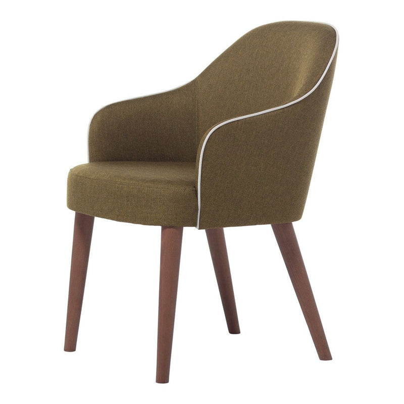 Olive green upholstered chair with white piping and wooden legs for a modern touch. Ideal for stylish interiors.