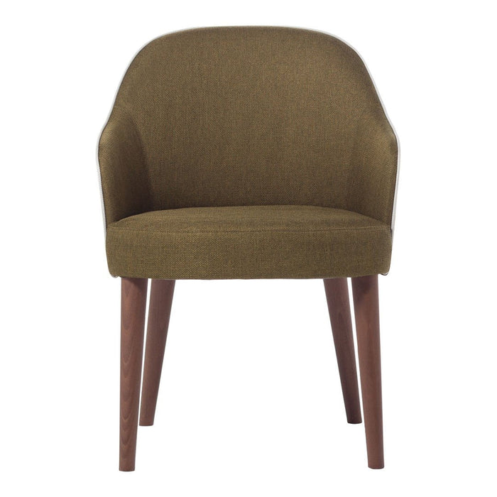 Olive green upholstered chair with a smooth texture and wooden legs, featuring a minimalist design. Perfect for modern decor.