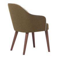 Olive green upholstered chair with wooden legs, featuring a smooth finish and clean lines. Modern and stylish design.